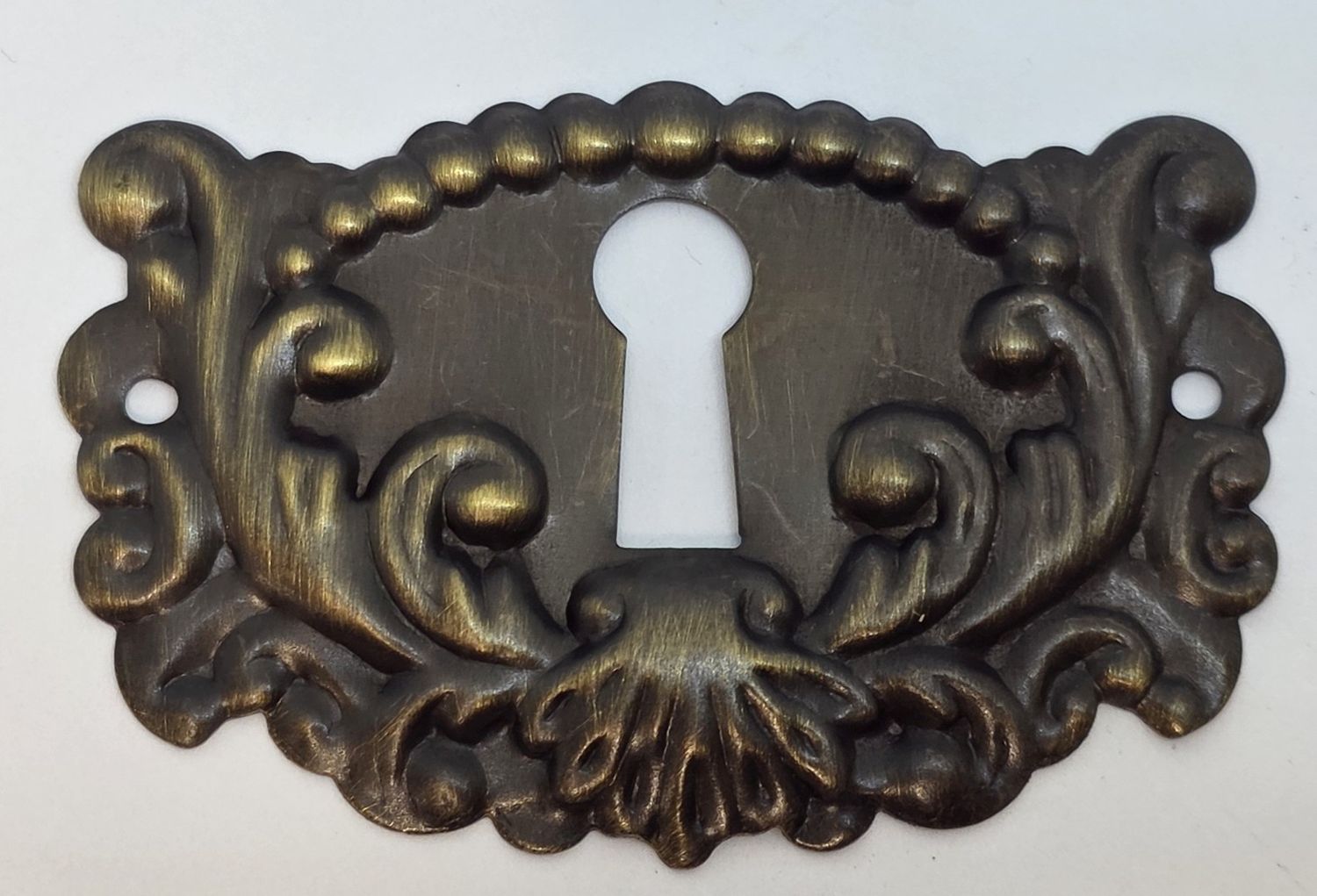 Solid Stamped Brass KEYHOLE COVER Plate Polished Antique Finish American Oak Victorian Colonial Revival Hepplewhite Sheraton vintage retro fancy mid century modern rustic drawer desk cabinet key, Finish: Antique Brass (dark)
