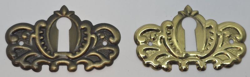 Solid Stamped Brass KEYHOLE COVER Plate Polished Antique Finish American Oak Victorian Colonial Revival Hepplewhite Sheraton vintage retro fancy mid century modern rustic drawer desk cabinet key