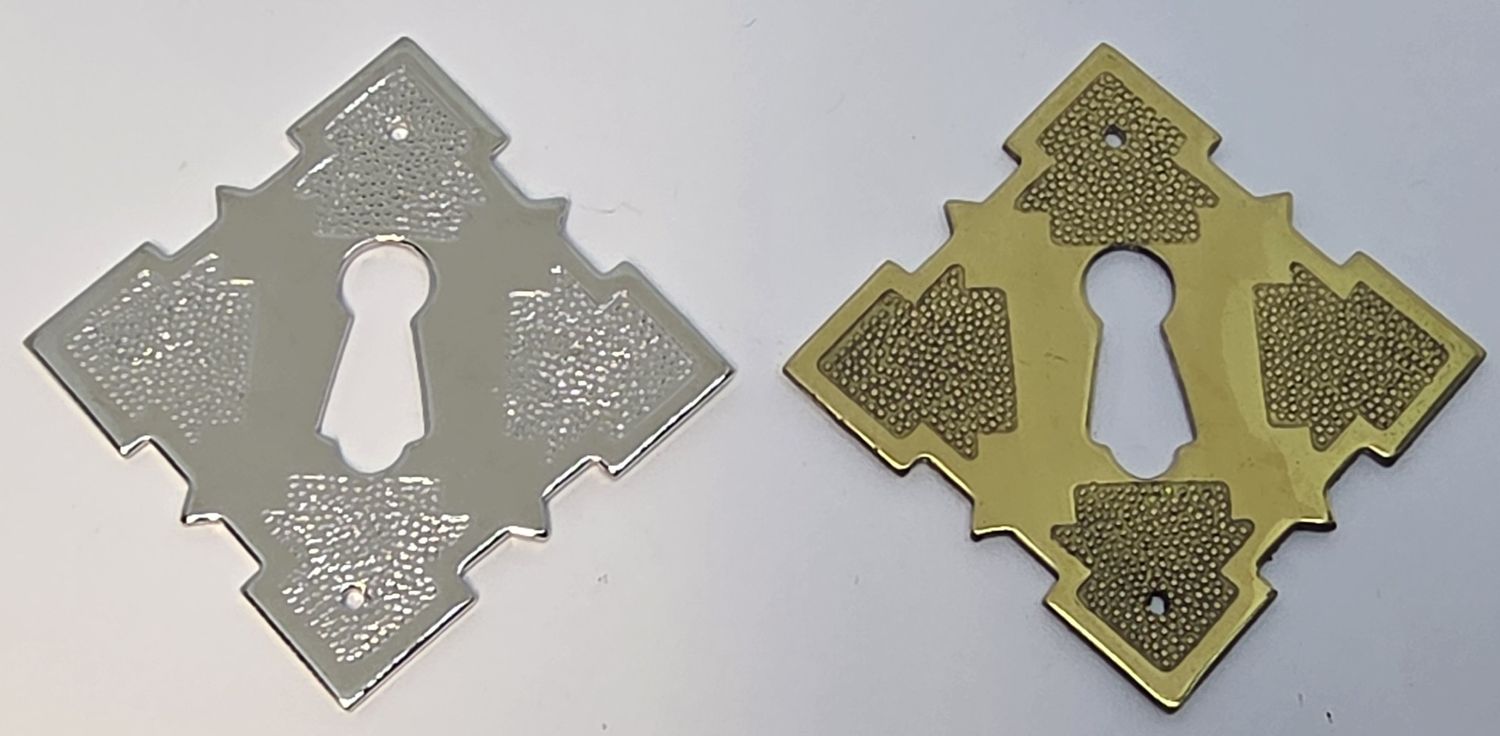 Solid Cast Brass KEYHOLE COVER Plate Polished or Nickel Finish Eastlake 1870's Victorian Colonial Revival Hepplewhite Sheraton drawer door key cabinet vintage retro fancy mid century modern rustic