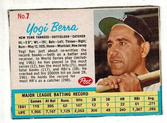 1962 Post Cereal #7 Yogi Berra