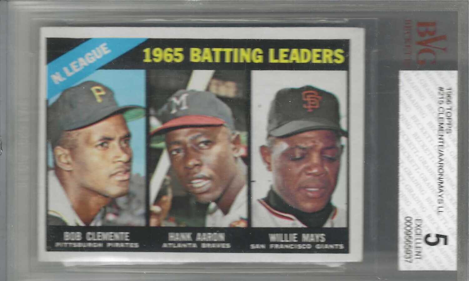 1966 Topps #215 NL Batting Leaders Clemente/ Aaron/ Mays Beckett graded 5