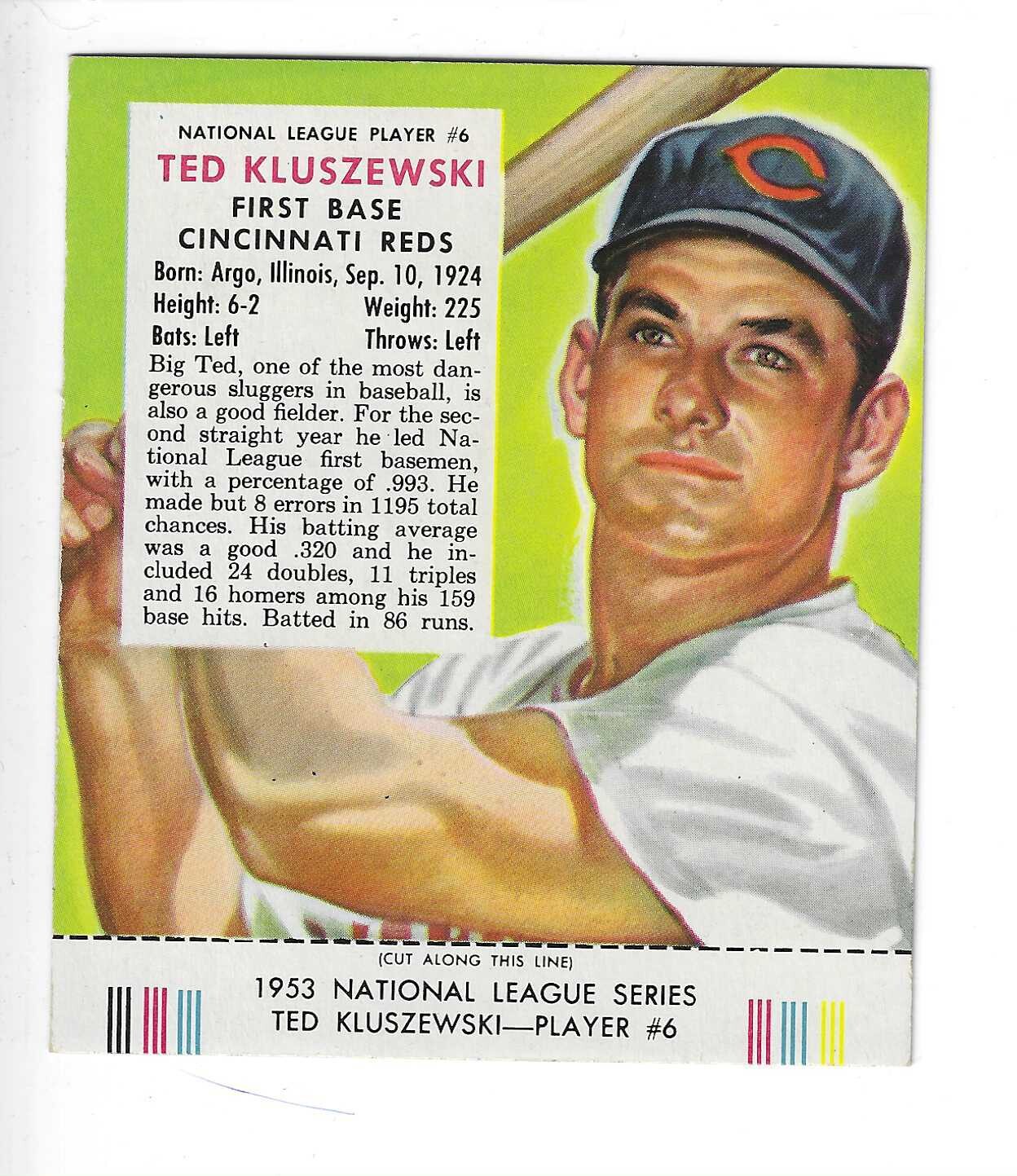 1953 Red Man Tobacco w/ Tabs #NL6 Ted Kluszewski Ex/Mint or better