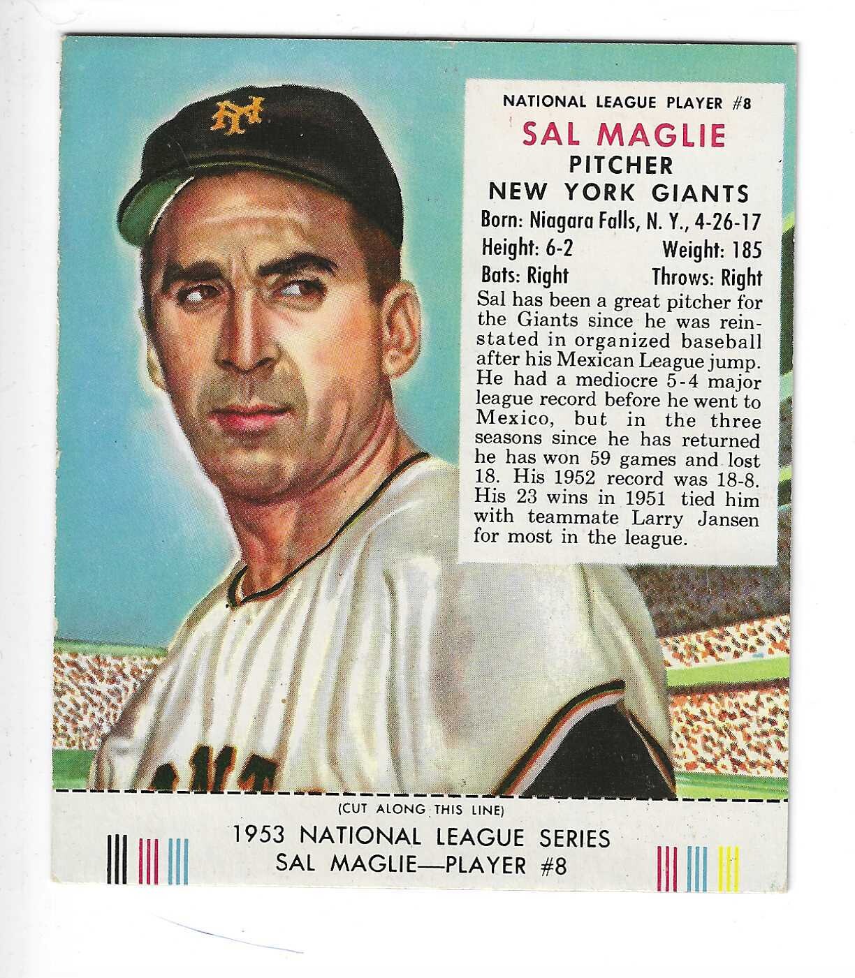1953 Red Man Tobacco w/ Tabs #NL8 Sal Maglie Ex/Mint or better