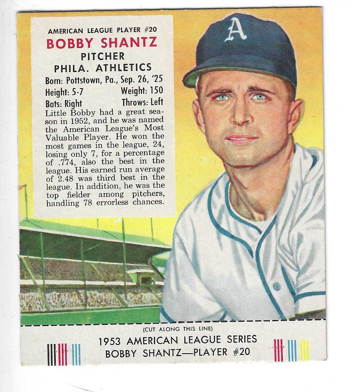 1953 Red Man Tobacco w/ Tabs #AL20 Bobby Shantz Ex/Mint