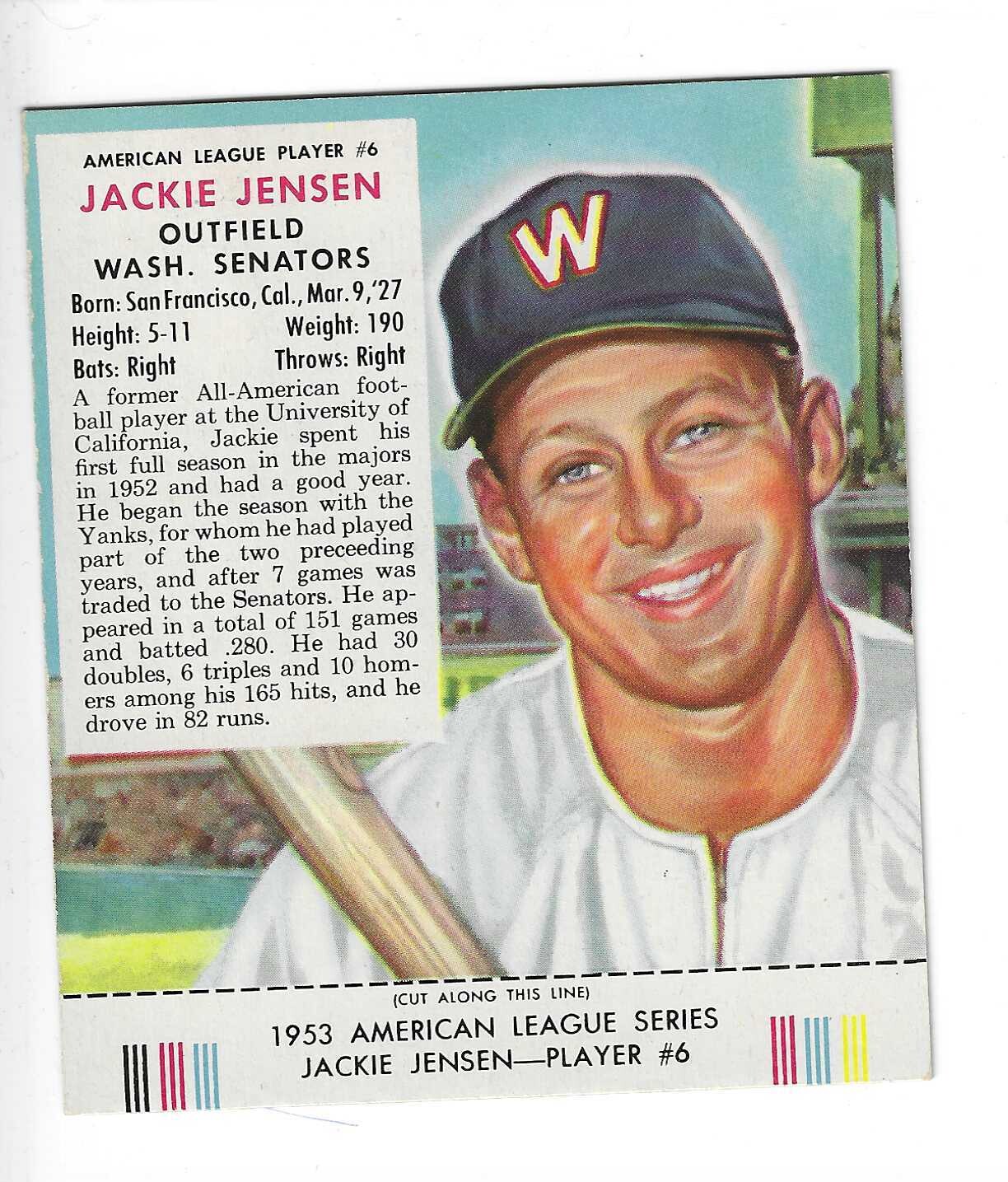 1953 Red Man Tobacco w/ Tabs #AL6 Jackie Jensen Ex+