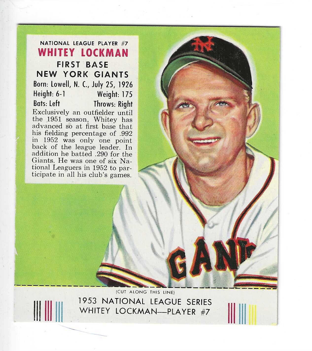 1953 Red Man Tobacco w/ Tabs #NL7 Whitey Lockman Ex/Mint or better