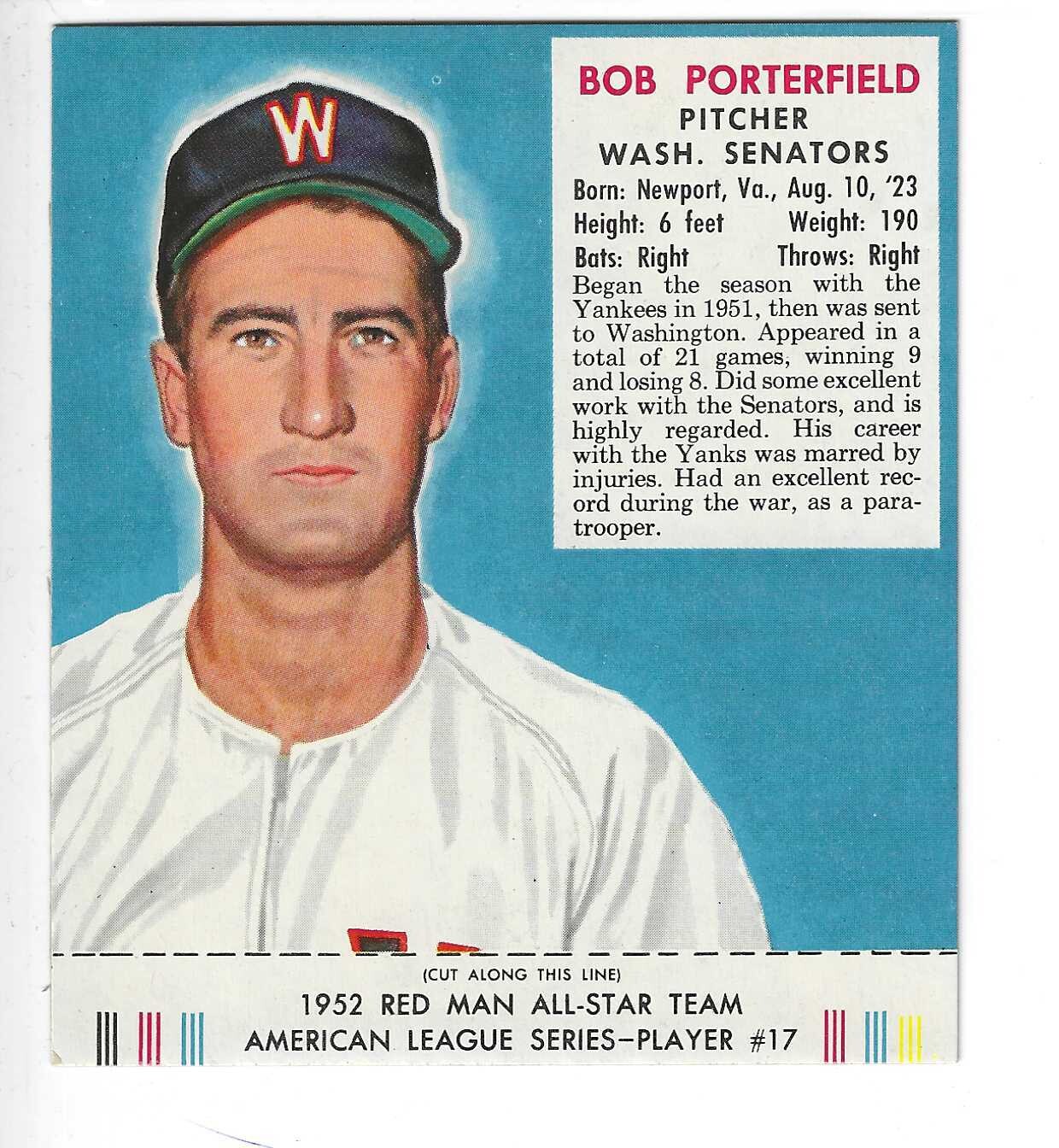 1952 Red Man Tobacco w/ Tabs #AL17 Bob Porterfield Ex/Mint or better