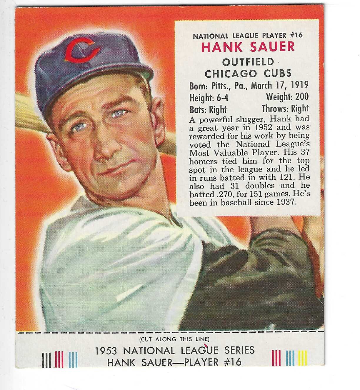 1953 Red Man Tobacco w/ Tabs #NL16 Hank Sauer Ex/Mint or better