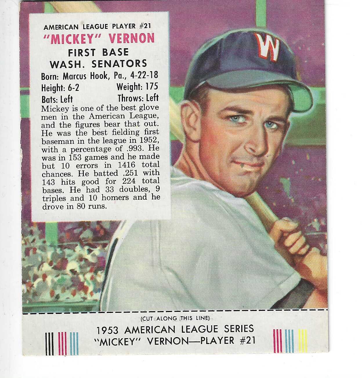1953 Red Man Tobacco w/ Tabs #AL21 Mickey Vernon Ex/Mint