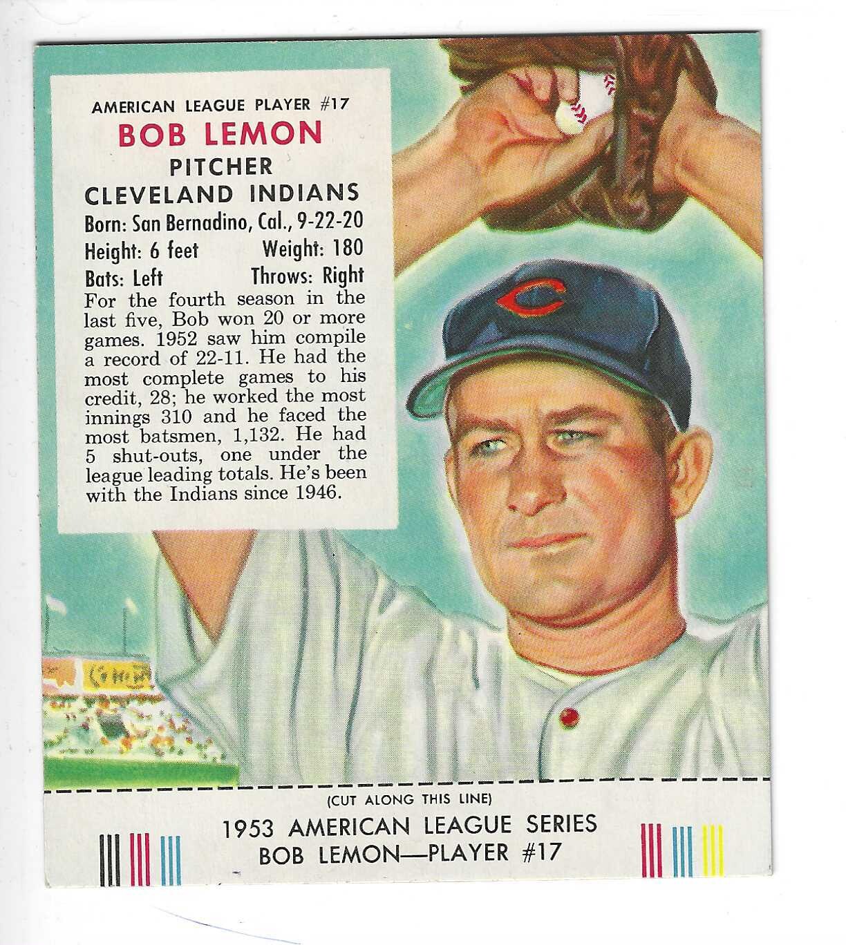 1953 Red Man Tobacco w/ Tabs #AL17 Bob Lemon Ex/Mint or better