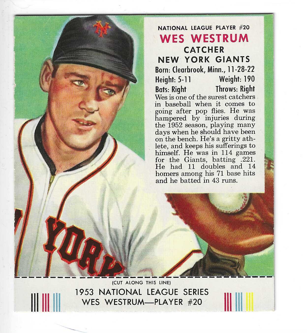 1953 Red Man Tobacco w/ Tabs #NL20 Wes Westrum Ex/Mint