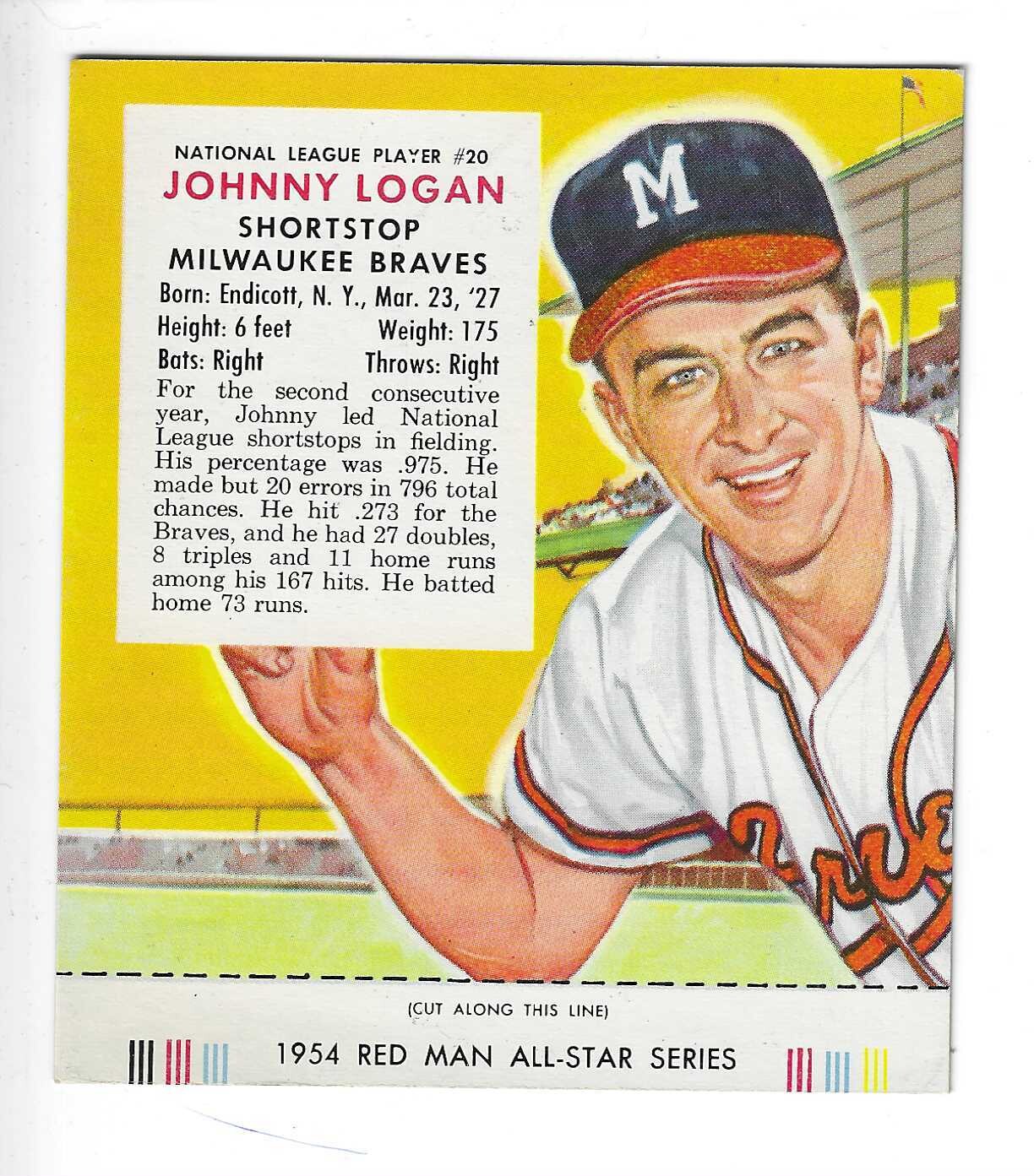 1954 Red Man Tobacco w/ Tabs #NL20 Johnny Logan Ex+