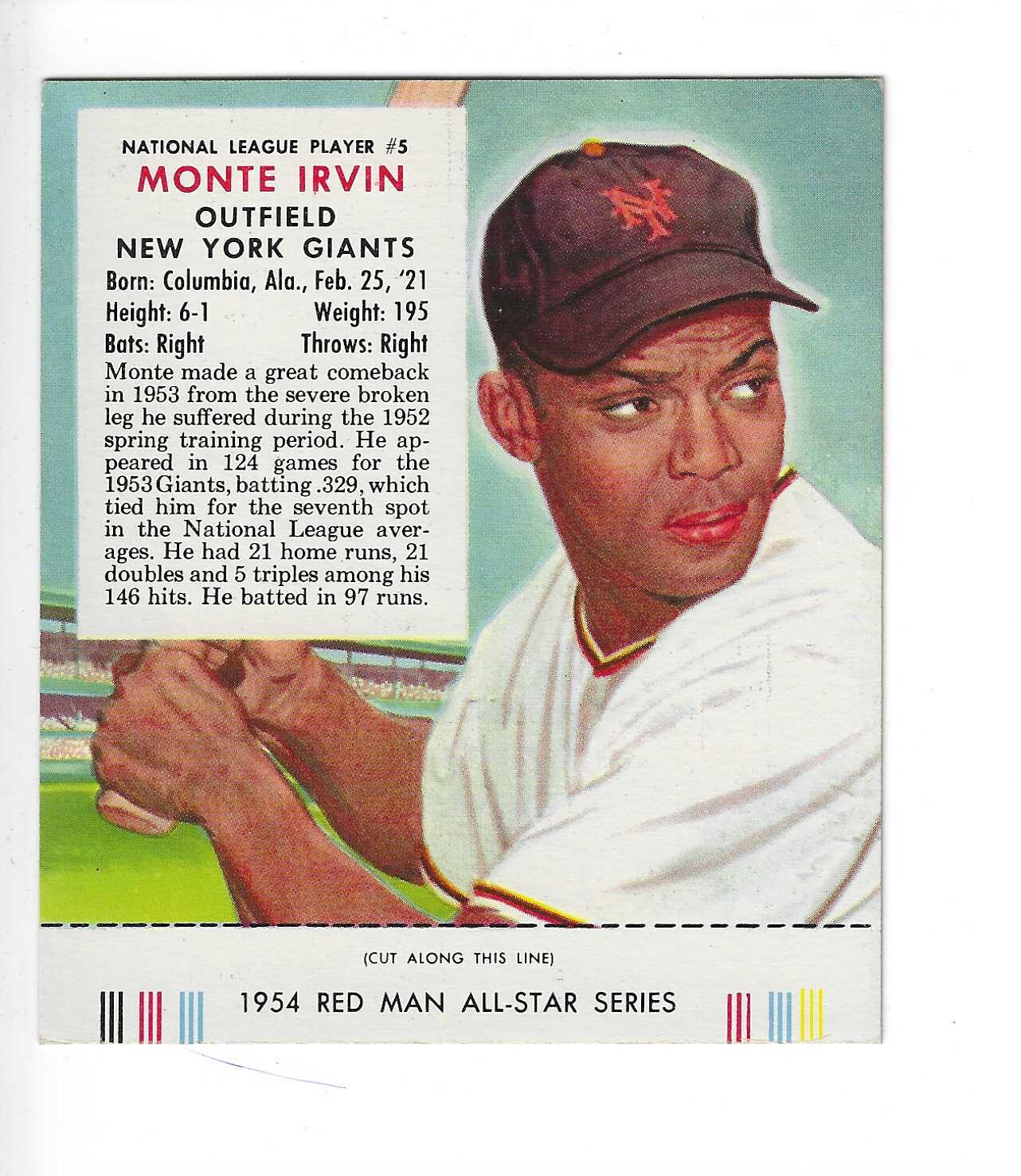 1954 Red Man Tobacco w/ Tabs #NL5 Monte Irvin Ex/Mint or better