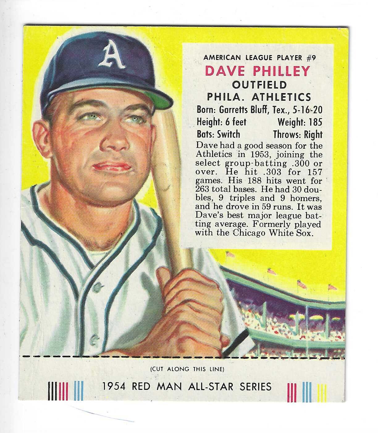 1954 Red Man Tobacco w/ Tabs #AL9 Dave Philley Philadelphia Athletics Variation Ex