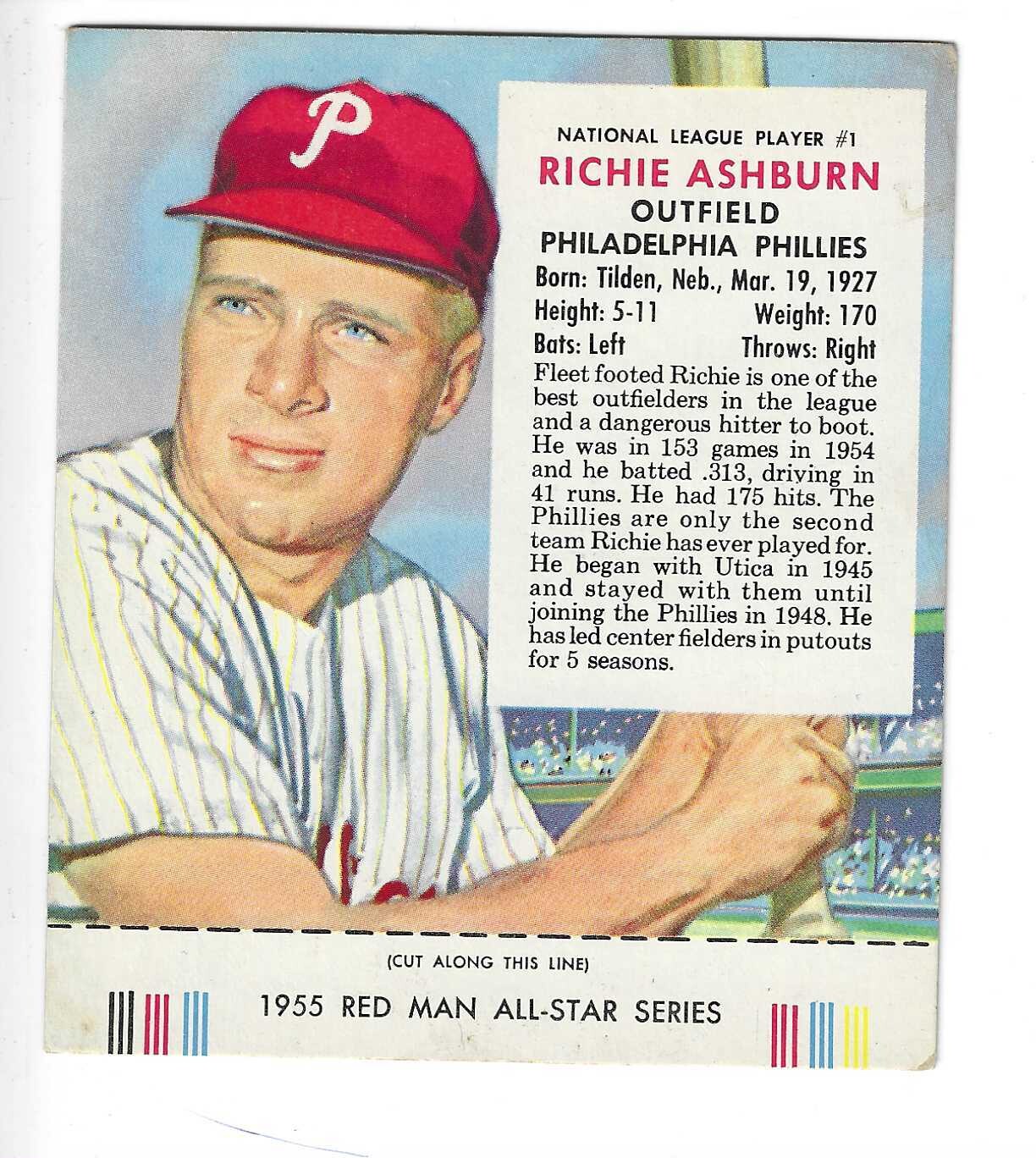 1955 Red Man w/ Tabs #NL1 Richie Ashburn VG/Ex