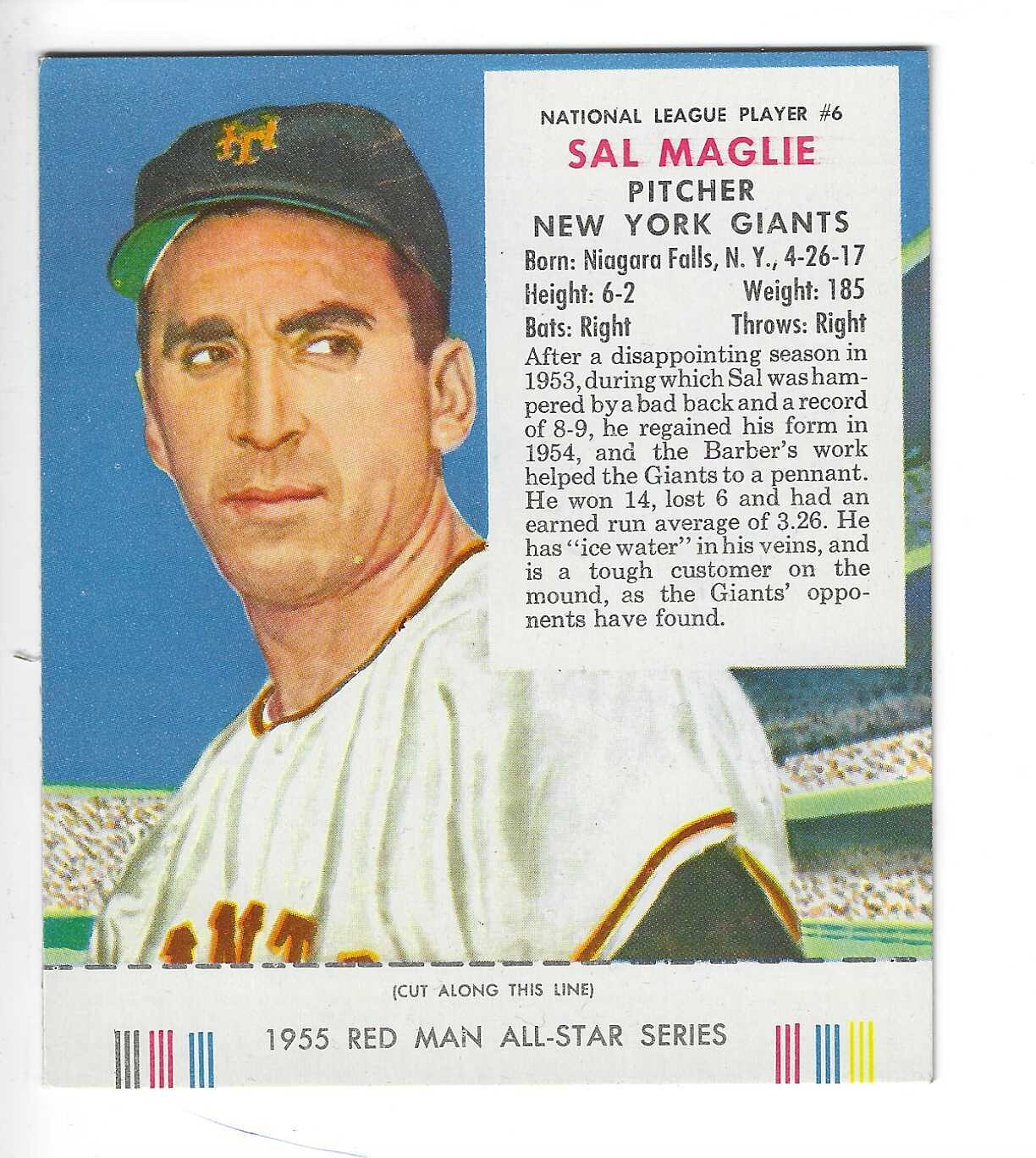 1955 Red Man w/ Tabs #NL6 Sal Maglie Ex/Mint or better