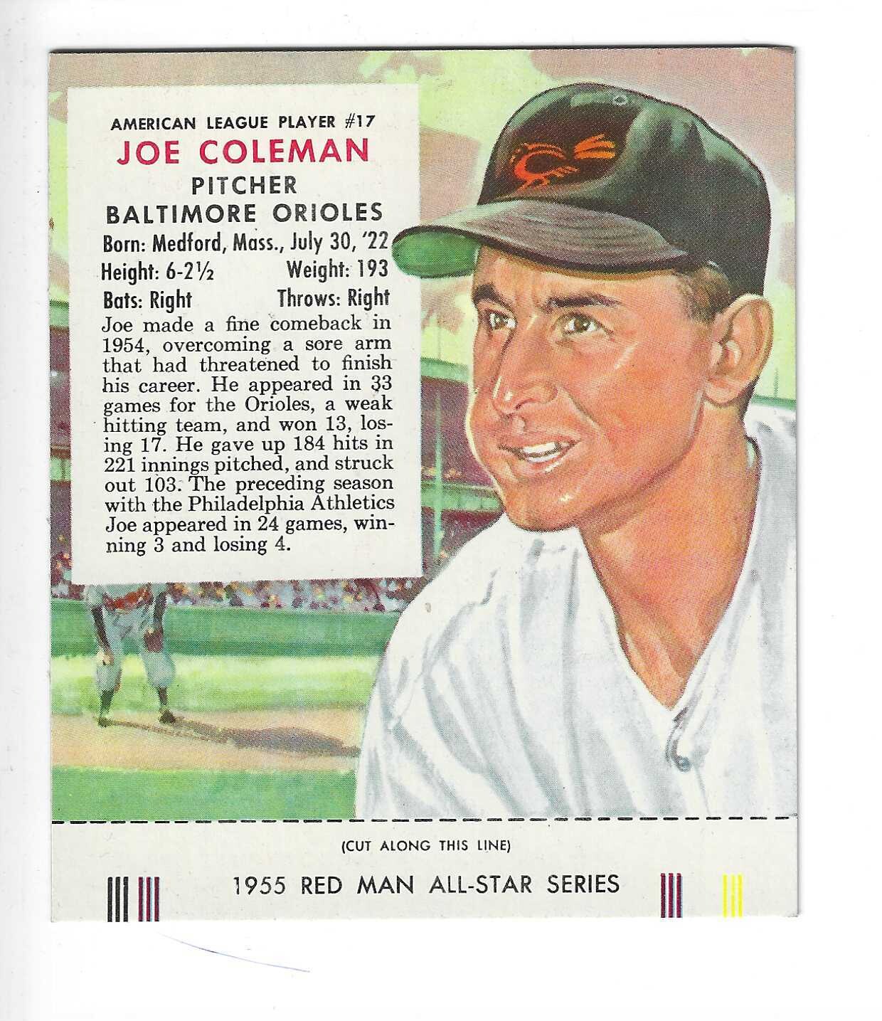 1955 Red Man w/ Tabs #AL17 Joe Coleman Ex/Mint or better