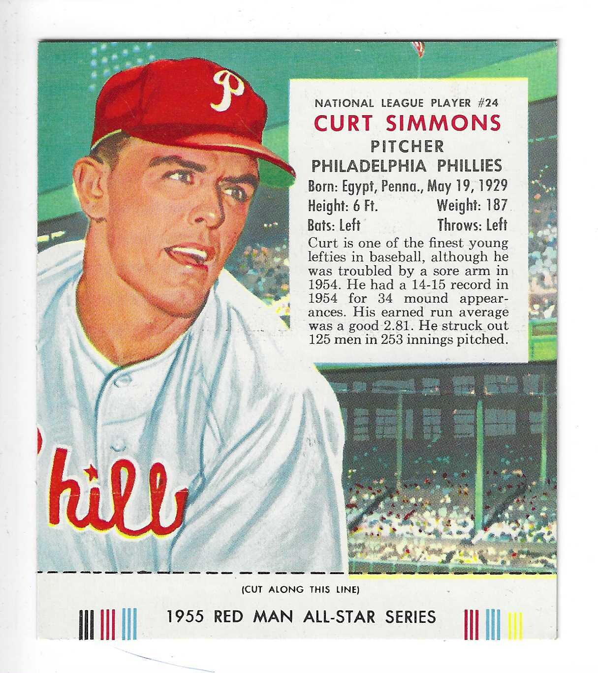 1955 Red Man w/ Tabs #NL24 Curt Simmons Ex/Mint or better