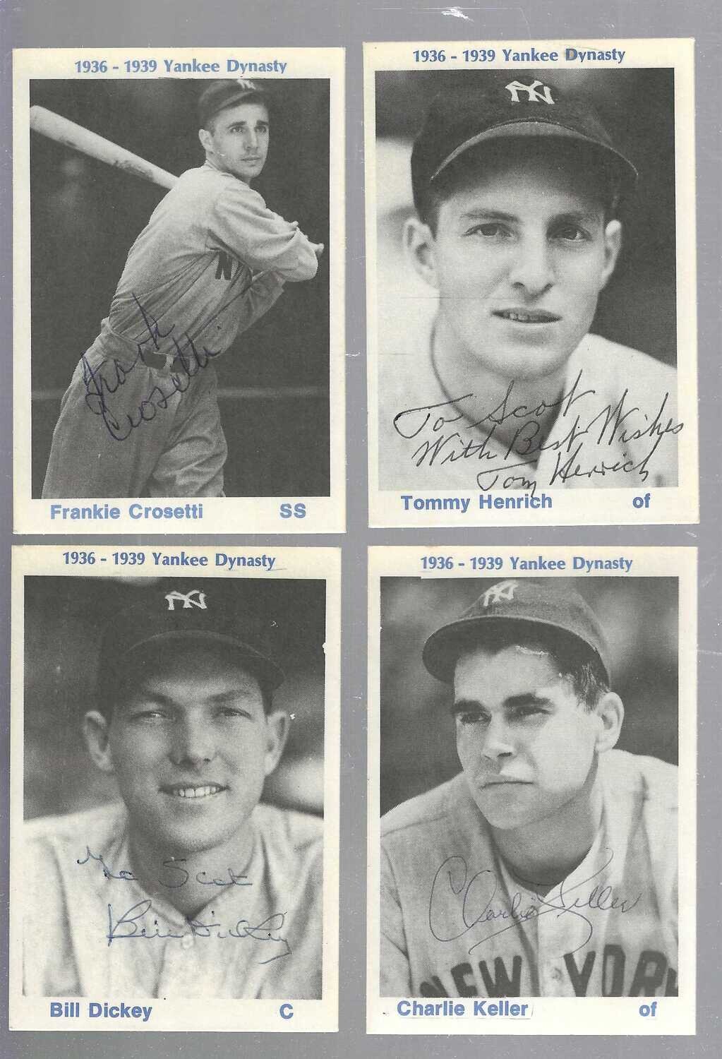 1936-39 Yankee Dynasty 4 Autograph Card Set- Bill Dickey, Frank Crosetti, Charlie Keller, Tommy Henrich