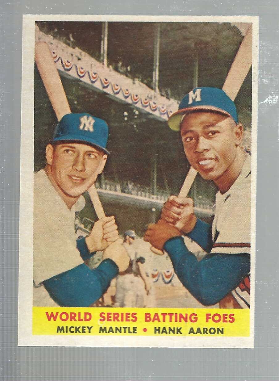 1958 Topps #418 World Series Batting Foes Mantle, Aaron Ex+ list $300