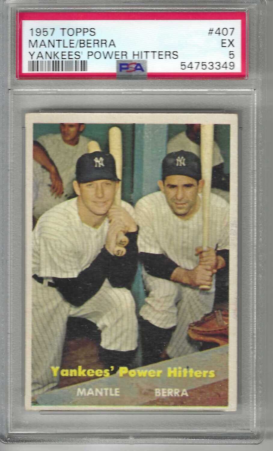 1957 Topps #407 Yankee Power Hitters Mantle Berra PSA 5 Centered