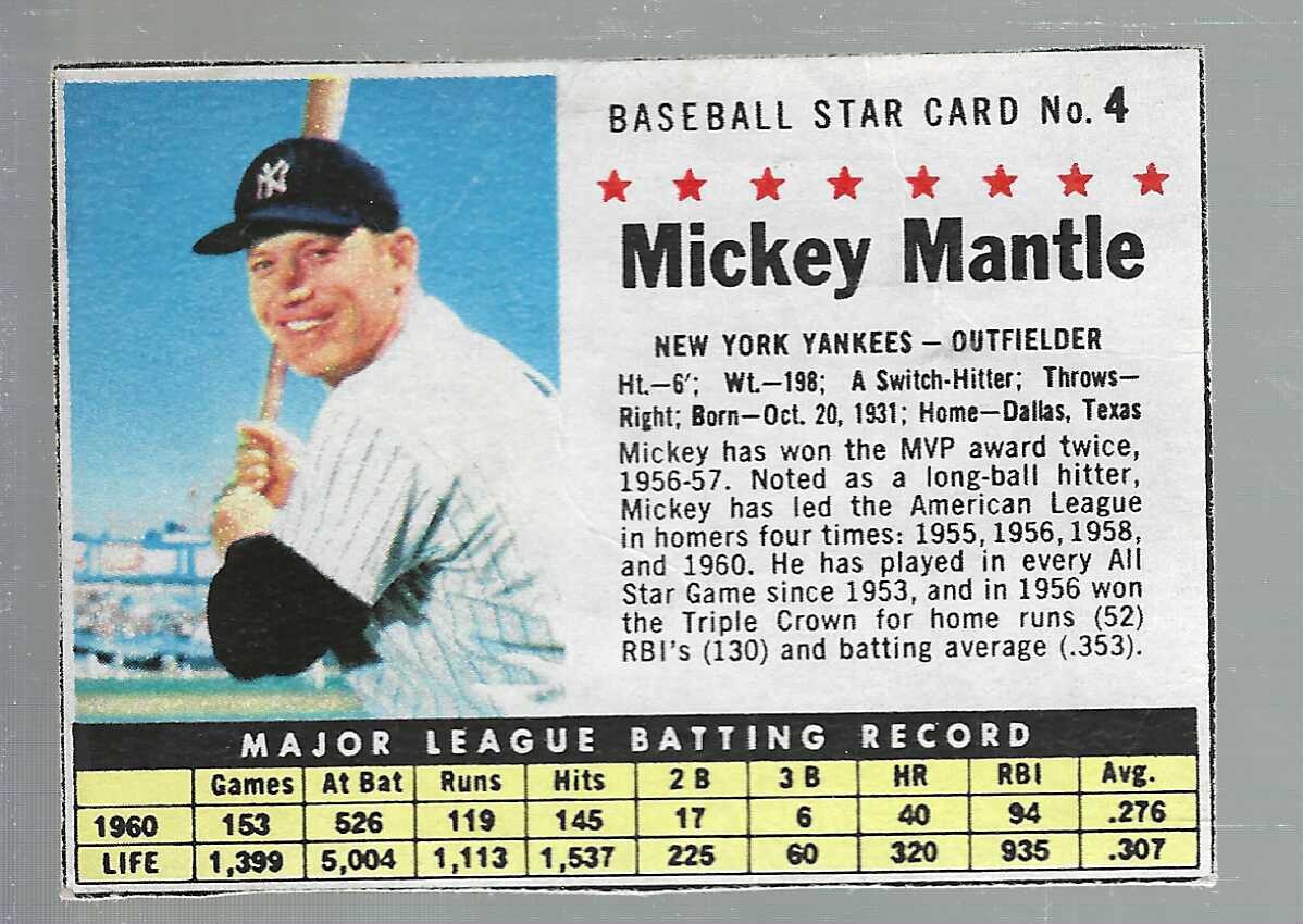1961 Post Cereal #4 Mickey Mantle