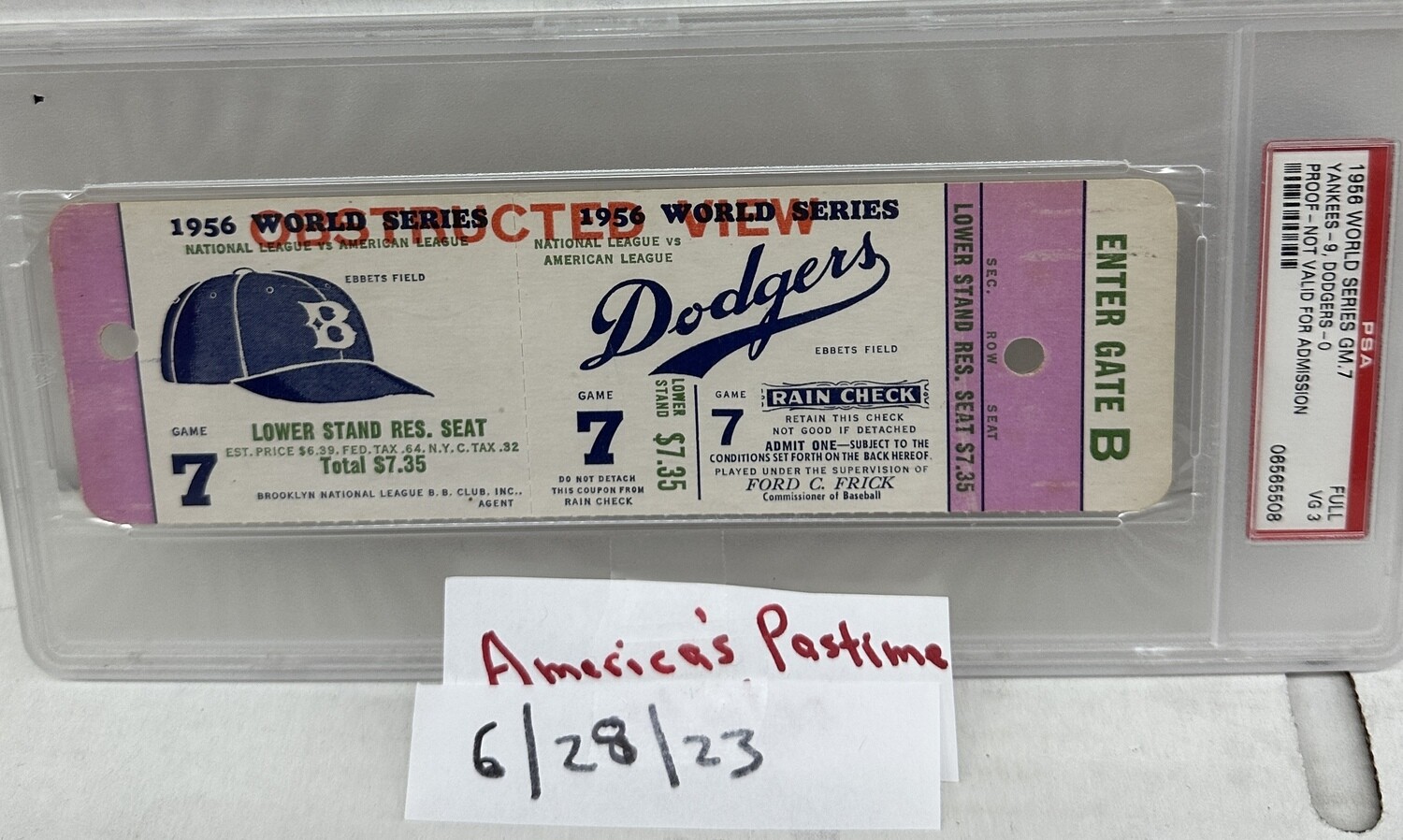 1956 World Series Game 7 Full Ticket PSA 3 Jackie Robinson&#39;s Last Game