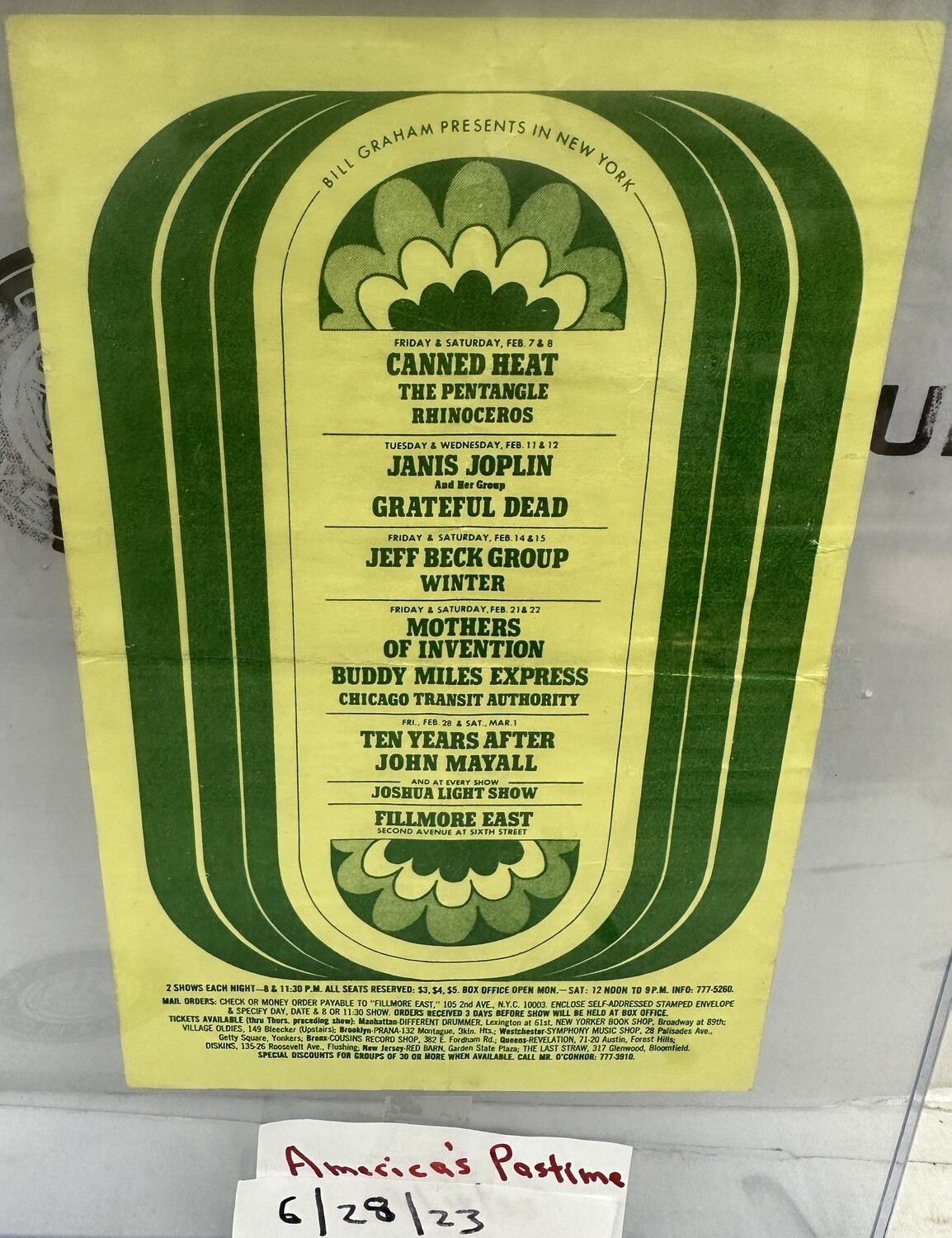 Janis Joplin Authentic Vintage Promotional Flier 1969 Fillmore East Concert