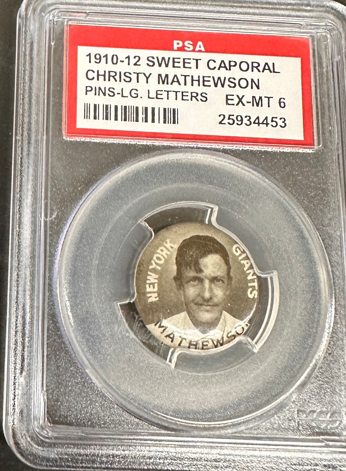 1910-12 Sweet Caporal Pins Christy Mathewson Large Letters PSA 6
