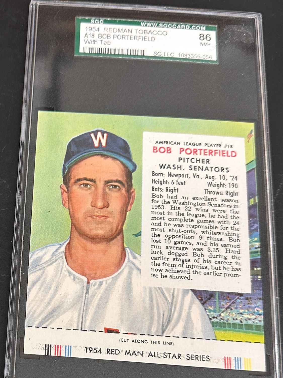 1954 Red Man Tobacco w/ Tabs #A18 Bob Porterfield SGC 7.5