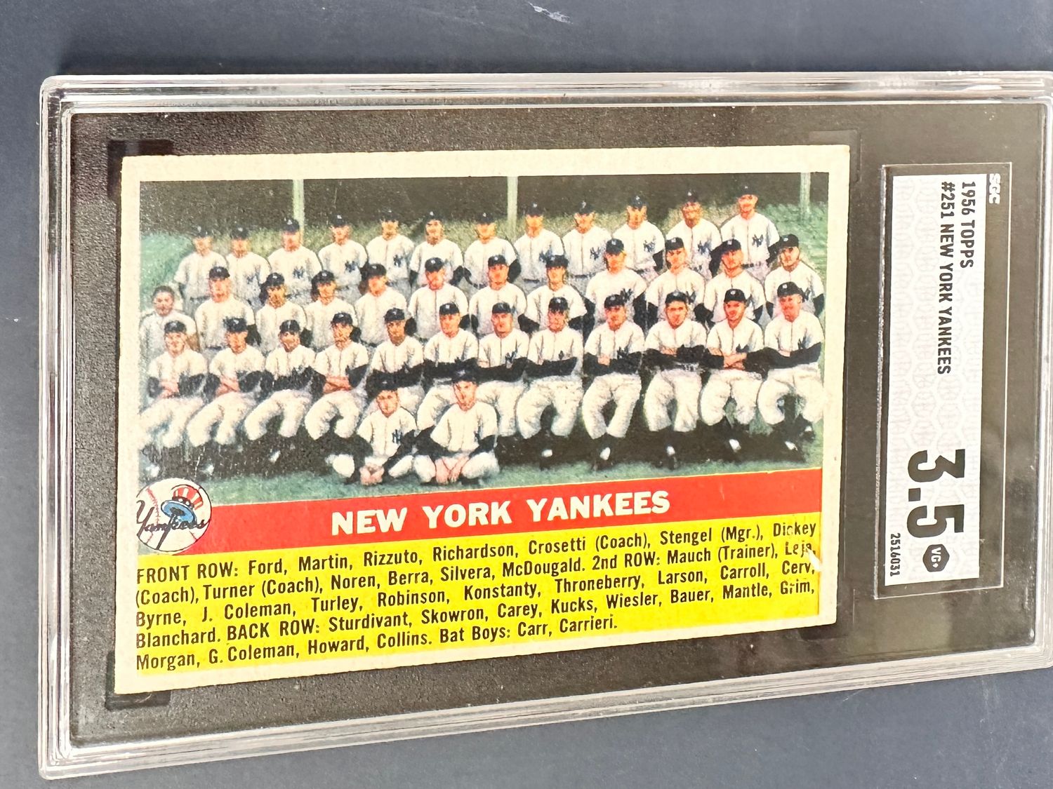1956 Topps #251 NY Yankees Team Card SGC 3.5