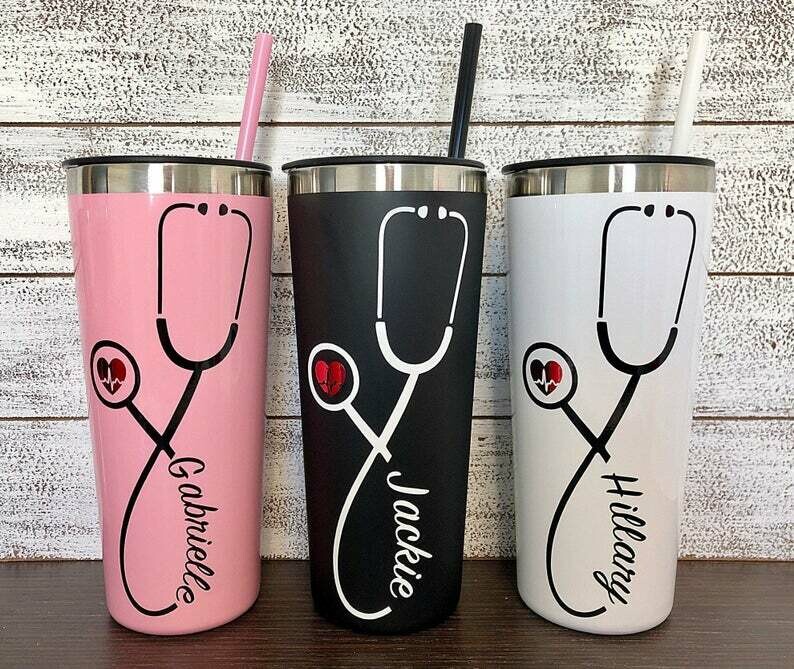 Nurse Personalized Tumbler, Tumbler with Straw, Stethoscope, RN, Nurse Gift, Doctor Gift, Nurse Assistant, Heartbeat Nursing Student