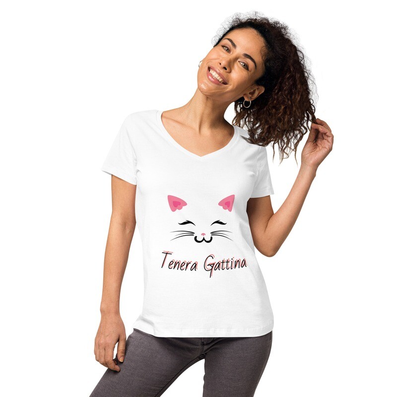 T-shirt "Tenera Gattina" con scollo a V aderente donna