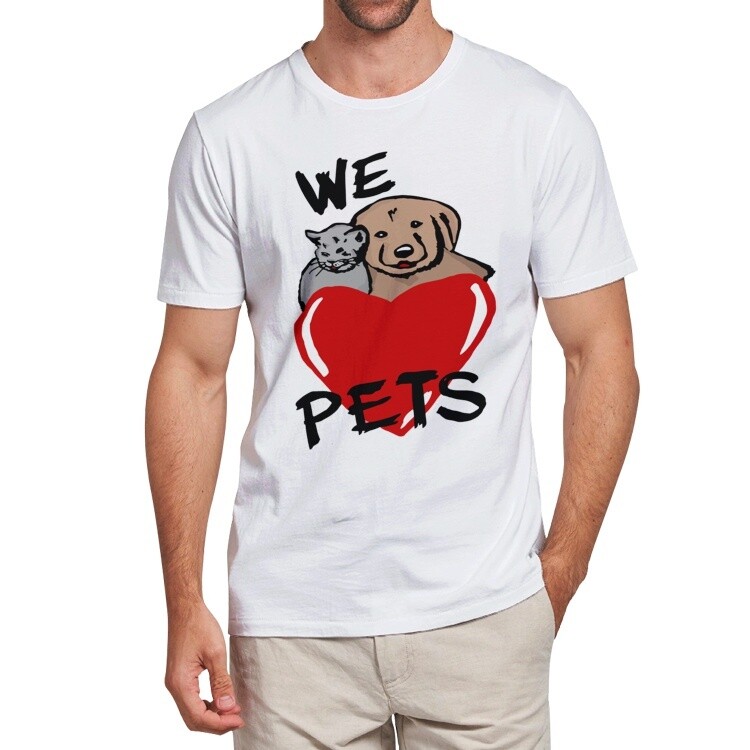 "We Love Pet" T-shirt per adulti in cotone pesante da uomo Bianca