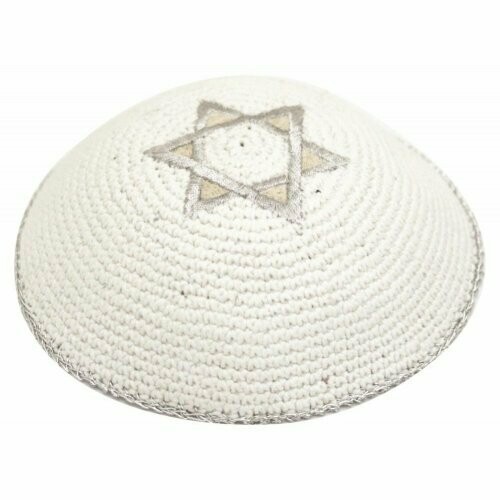 White Knitted Kippah with Gold and Silver Star of David