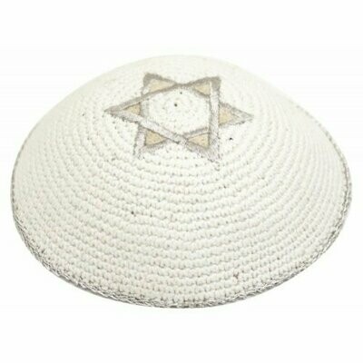 White Knitted Kippah with Gold and Silver Star of David
