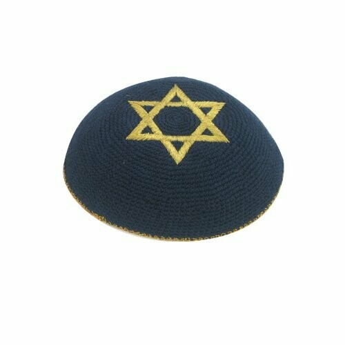 Blue Knitted Kippah with Gold Star of David