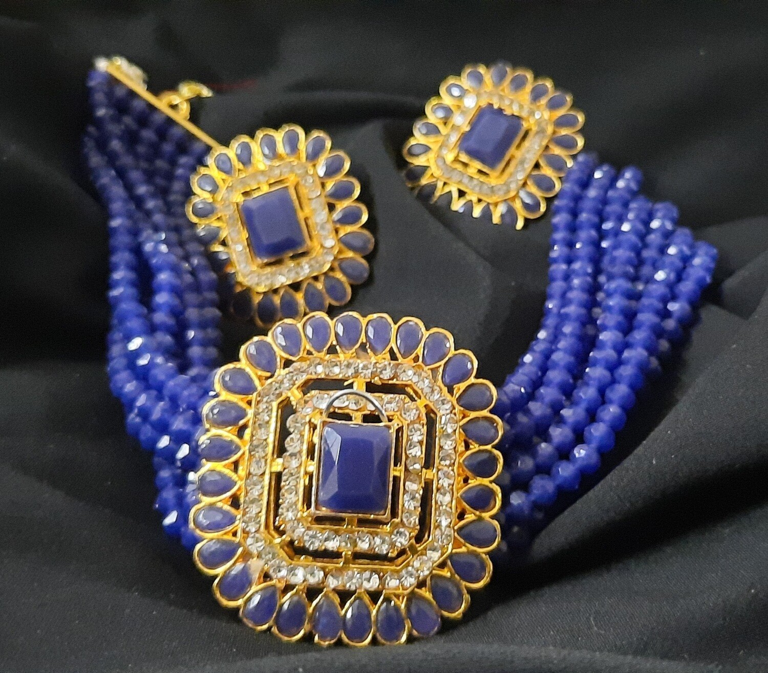 Studded Choker Necklace and Earrings Set - Blue