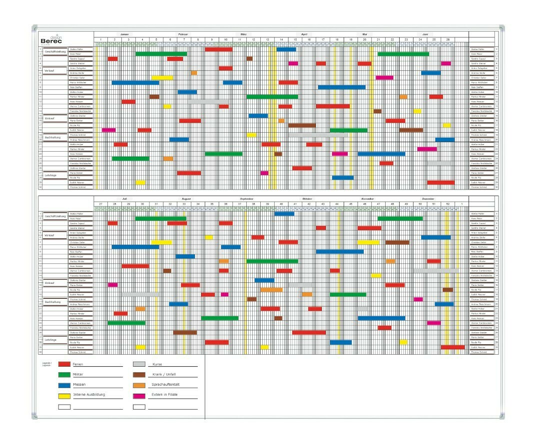 Planungstafel mit einer 7-Tage-Woche-Einteilung im Halbjahresformat