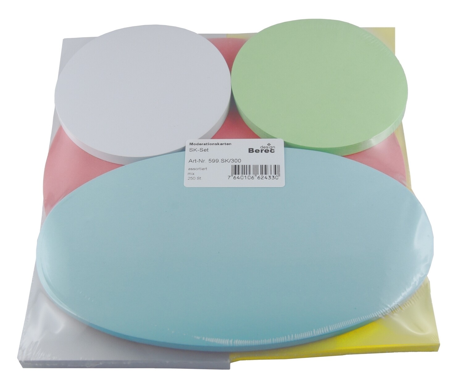 Assortierte Karten wie folgt zusammengestellt:
je 50 Rechtecke 20,5 x 9,5 cm in weiss und gelb,
je 50 Kreise 9,5 cm in weiss und grün, 50 Kreise
18,5 cm in rosa/50 Ovale 18,5 x 10,5 cm in blau