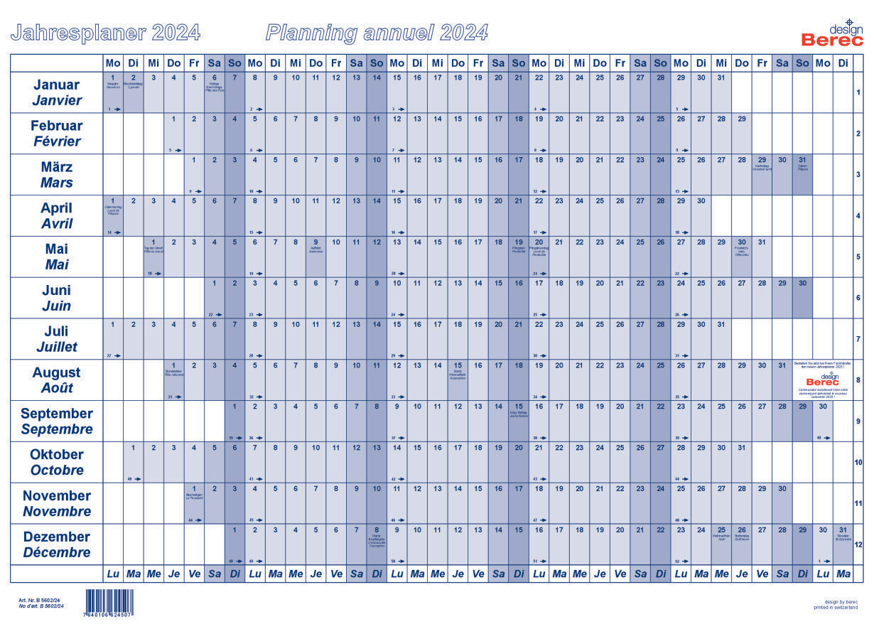 Der Papierjahresplaner A2 von Januar bis Dezember 2024
25 x 13,8 mm (H x B)
