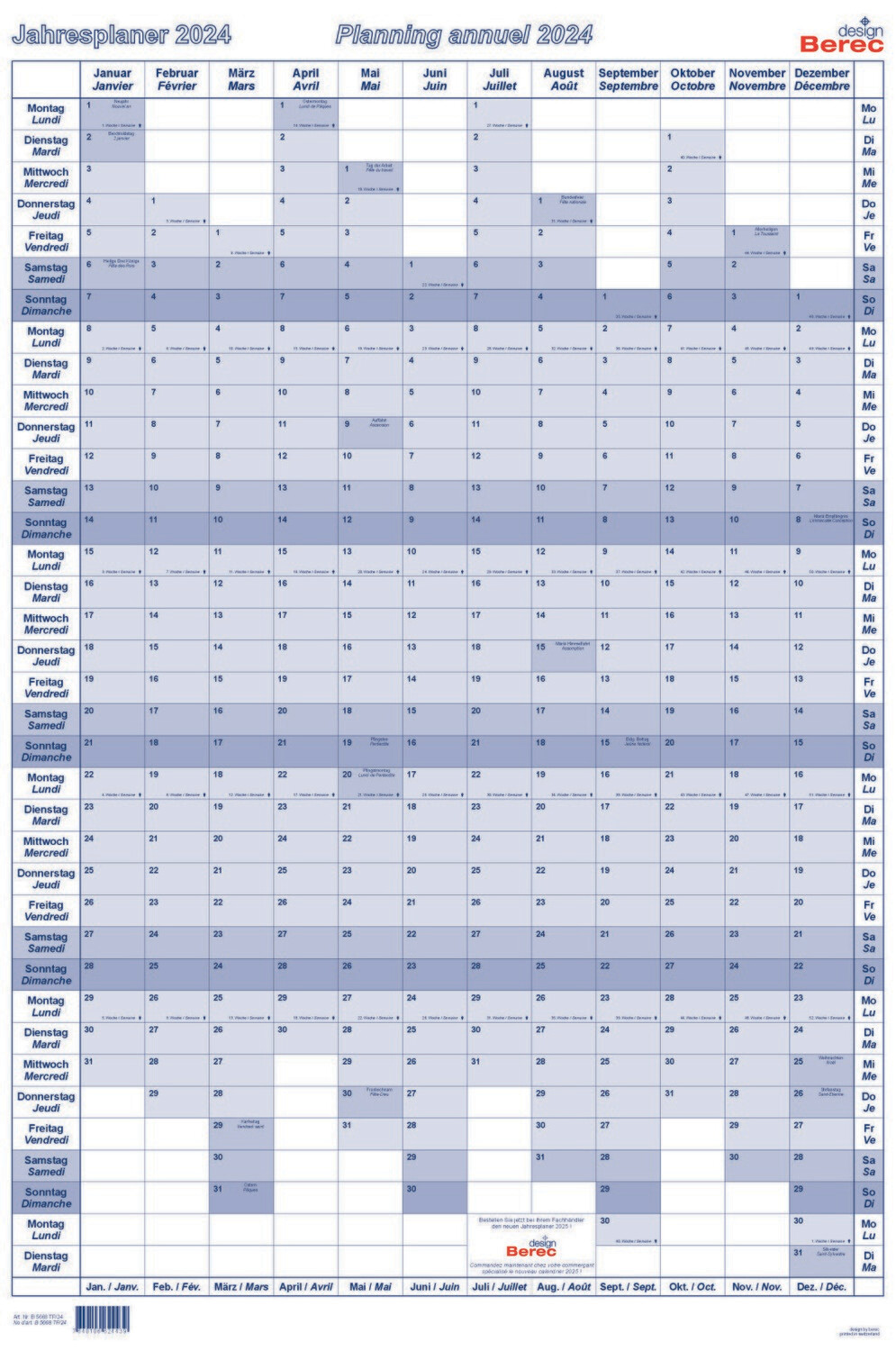 Der übersichtliche folienkaschierte Hochformatplaner Januar bis Dezember 2025