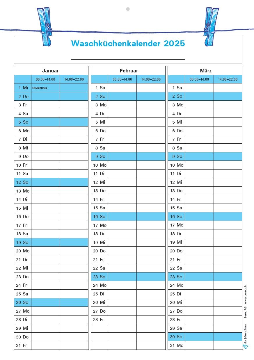 Der Waschküchenkalender für das Jahr 2025