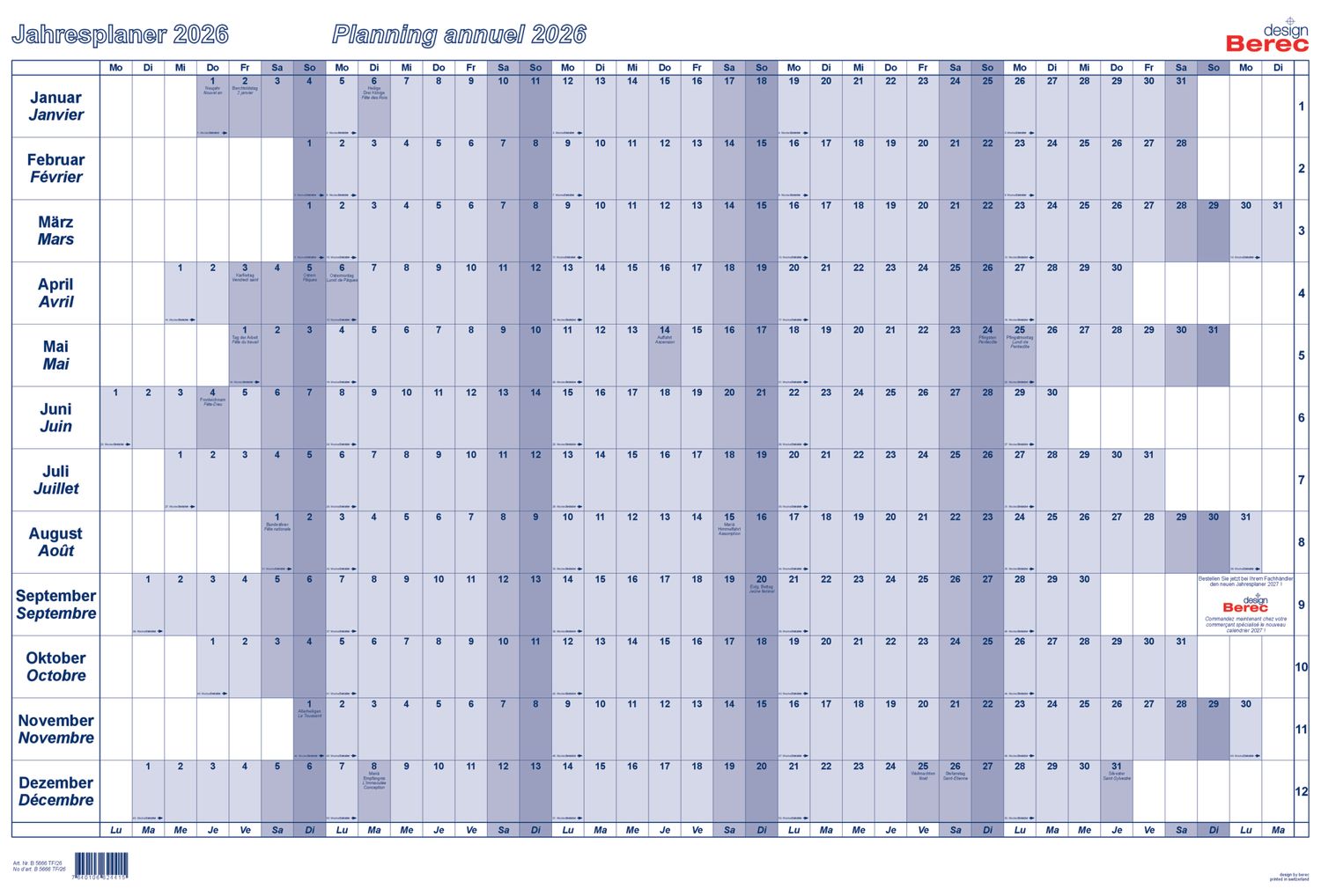 Der folienkaschierte Karton-Jahresplaner von Januar bis Dezember 2026