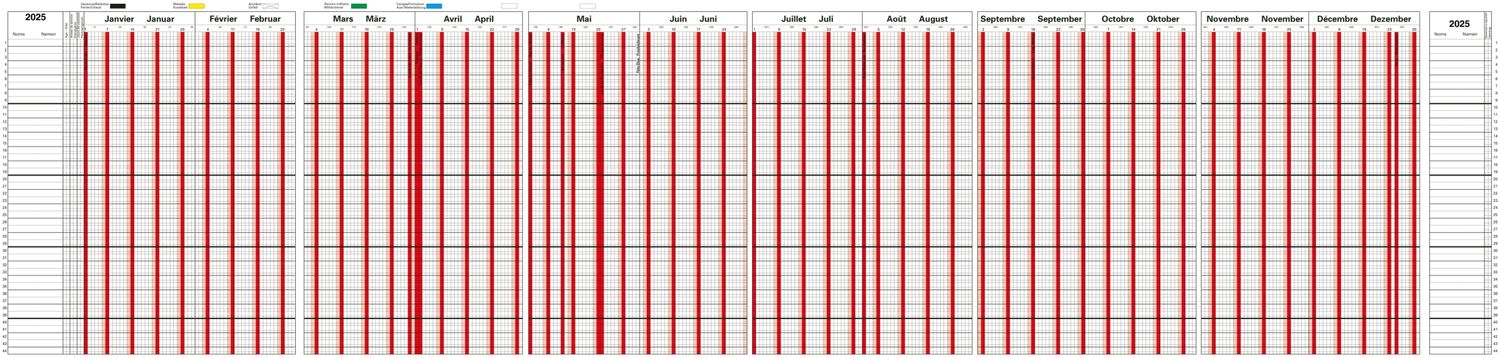 12 Monate als A4 Ferien- &amp; Absenzenplaner mit 44 Zeilen, 2025