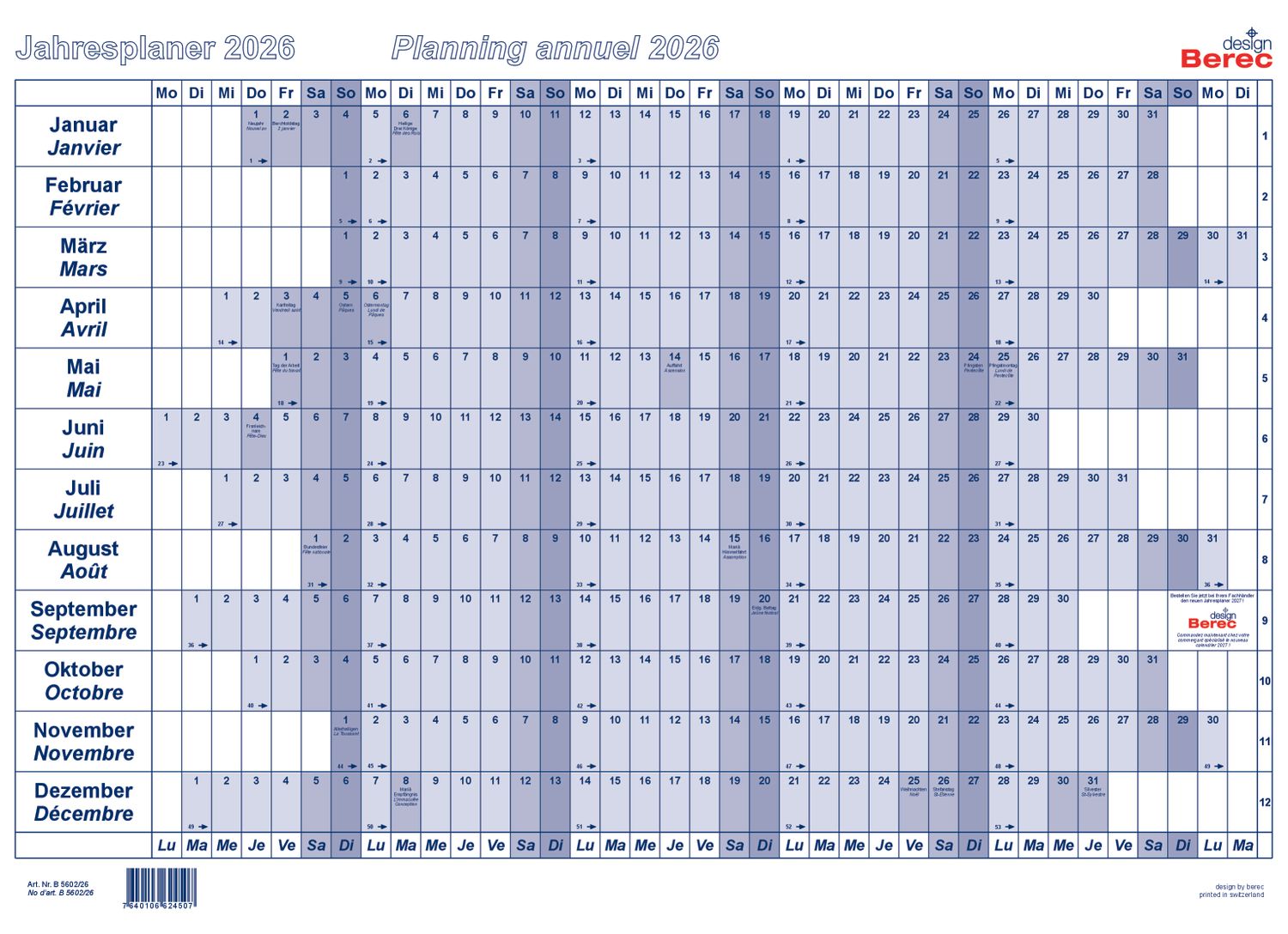 Der Papierjahresplaner A2 von Januar bis Dezember 2026 25 x 13,8 mm (H x B)