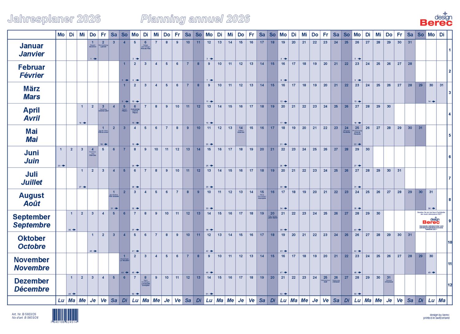Der Papierjahresplaner A3 von Januar bis Dezember 2026, 19,2 x 9,8 mm (H x B)
