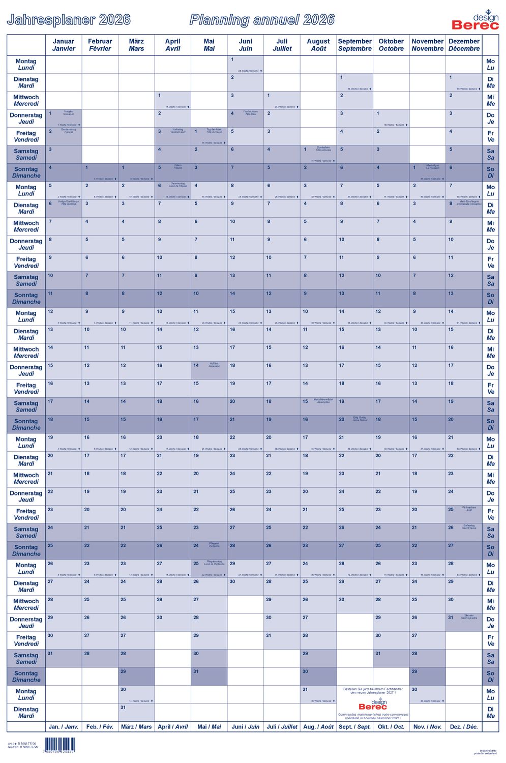 Der übersichtliche folienkaschierte Hochformatplaner Januar bis Dezember 2026