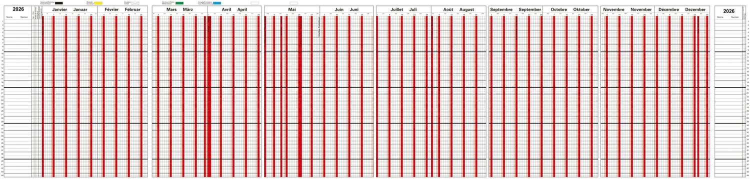 12 Monate als A4 Ferien- &amp; Absenzenplaner mit 44 Zeilen, 2026