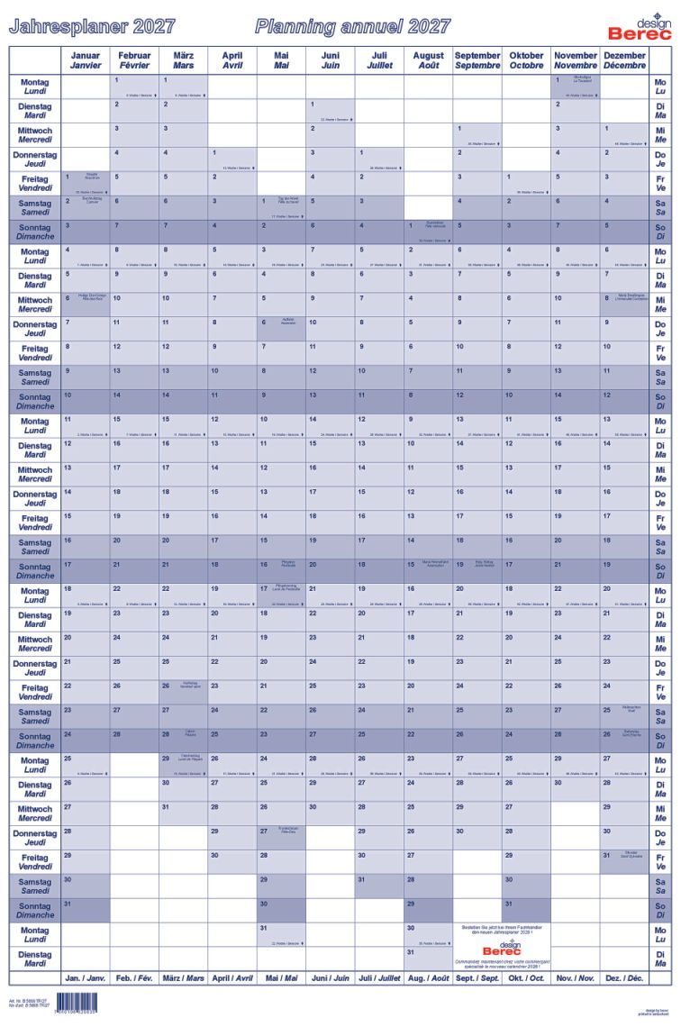 Der übersichtliche folienkaschierte Hochformatplaner Januar bis Dezember 2027